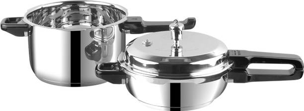विनोद 18/8 Stainless Steel Sandwich Bottom Combo Set of 2 with common Lid 3 L & 5 L इंडक्शन बॉटम प्रेशर कुकर
