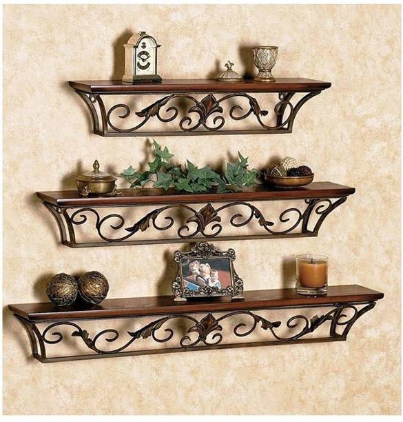 Casa Trading Iron and Wooden Wall Shelf/Wall Bracket/Floating Wall Shelves Set of 3 , Brown Wooden Wall Shelf