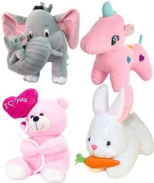Saubhagye Special Combo of 4 Super Soft Plush Mother Elephant with 2 Babies, Pink Unicorn, Pink Balloon Teddy Bear, white Rabbit with Carrot Soft Stuffed for Kids/ gifts birthday and for special occasion – 35cm (Multicolour) - 35 cm (Multicolor)  - 35 cm