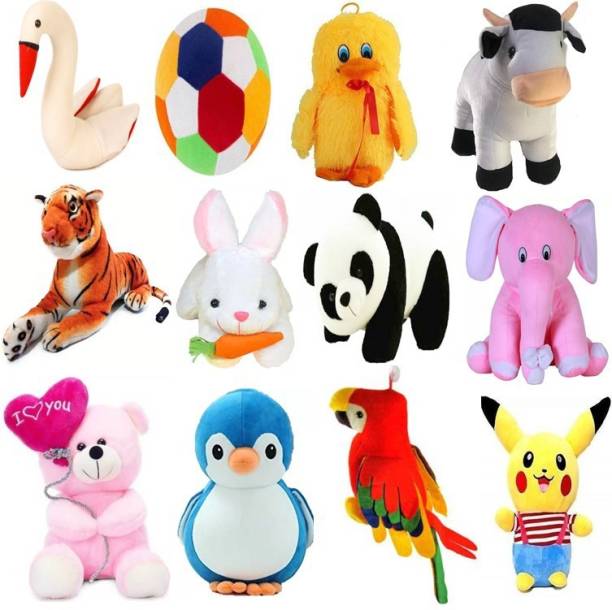 Renox New Viral and cute Edition Very soft Pack of 12 Combo of Teddy Bear Toys in Low Budget for Boy/Girl/Gift Parrot, Penguin, Cow, Panda, Duck, Elephant, Pikachu, Rabbit, Ball, Balloon Teddy, Tiger, Swan  - 25 cm