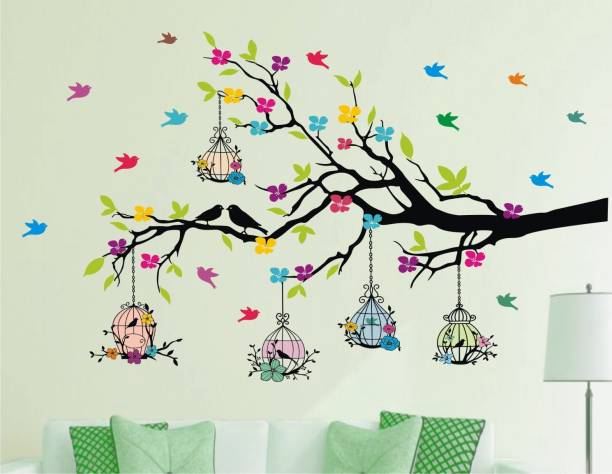 Heaven Decors 80 cm Tree Branches With Birdcage And Flower- Wall Decoration Sticker Home ( ideal size on wall: 127 cm x 80 cm ) Self Adhesive Sticker