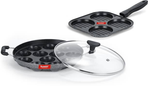 Sumeet NonStick Twin Star Cookware Set (Grill Appam Patra with Glass Lid - 12 Cavity - 22cm Dia + Mini Multi Snack Maker - 4 Cavity -19.5cm) Non-Stick Coated Cookware Set