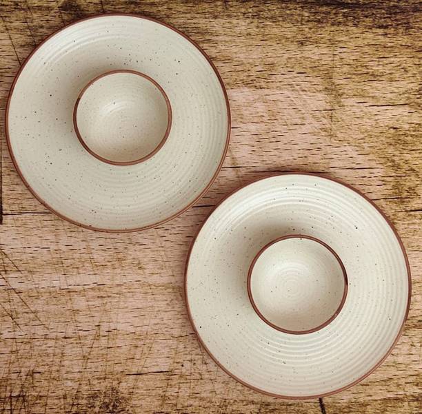 VolCraft Pack of 4 Ceramic White Matte Design 2 Dinner Plate, 2 Katori Bowl Dinner Set