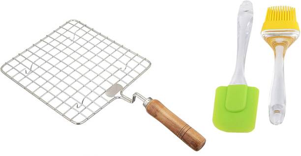 NOHUNT Silicone Non-Sticky Spatula and Oil Brush Reusable Kitchen Set for Cooking Multicolor (Set of 2) With Square Stainless Steel Papad Jali, Paneer Grill, Roti Maker, Barbeque Jali Roaster Chapati Toast Grill Wooden Handle (Silver) Kitchen Tool Set