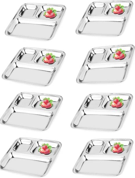 Silvester Kitchen King Stainless Steel 3 in 1 Pav Bhaji Plate/Thali/ Dinner Plates/Three Compartment Plates Set of 8 Piece,Silver Sectioned Plate