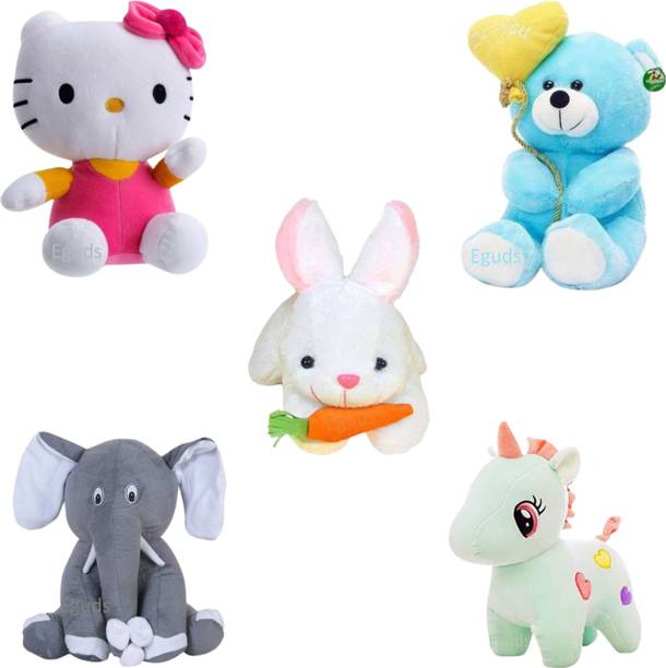 Eguds Adorable and lovable set of 5 super soft stuffed toys in beautiful shades of rabbit, unicorn, hello kitty, teddy bear, elephant/ special gift for kids, birthdays and anniversaries/ home decoration  - 25 cm