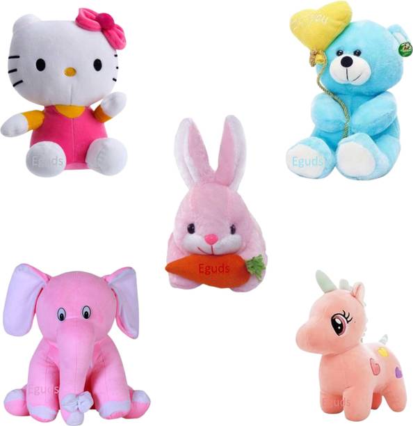 Eguds Adorable and lovable set of 5 super soft stuffed toys in beautiful shades of rabbit, unicorn, hello kitty, teddy bear, elephant/ special gift for kids, birthdays and anniversaries/ home decoration  - 25 cm