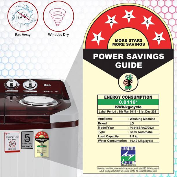 LG 7.5 kg with Roller Jet Pulsator + Soak Semi Automatic Top Load Washing Machine Red, White