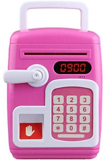 Toyporium Musical Money Safe Kids Piggy Savings Bank with Finger Print Sensor (Pink & White) Coin Bank