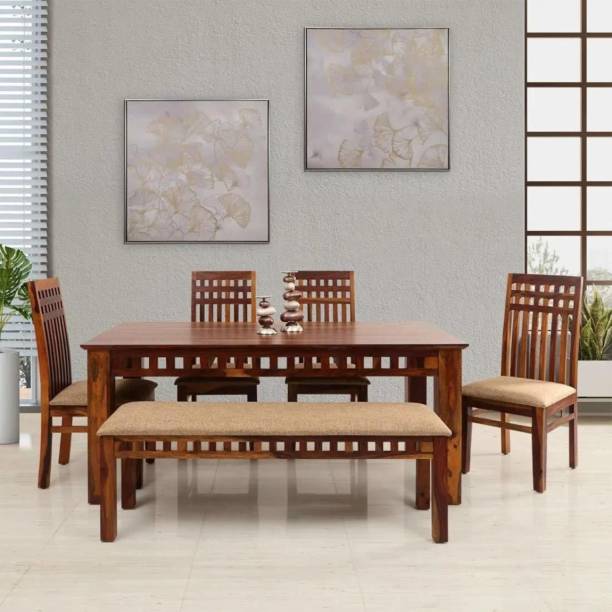 PR FURNITURE Premium Quality Sheesham Wood Six Seater Dining Table Set With Four Chair, One Bench For dining room and Restaurant Finish :- Natural Finish | Cushion :- Cream Solid Wood 6 Seater Dining Set