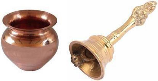 SBBCO Combo of Handmade Copper Pooja Utensil Lota/Kalash and Brass Made Garuda Ganti, Small Brass Kalash