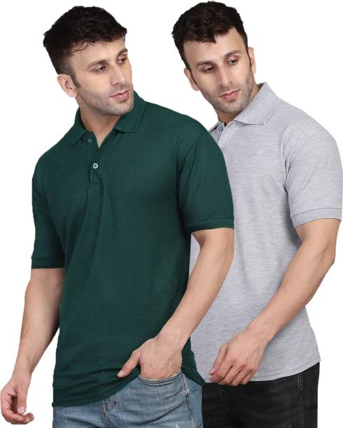 Pack of 2 Men Solid Polo Neck Cotton Blend Green, Grey T-Shirt Price in India