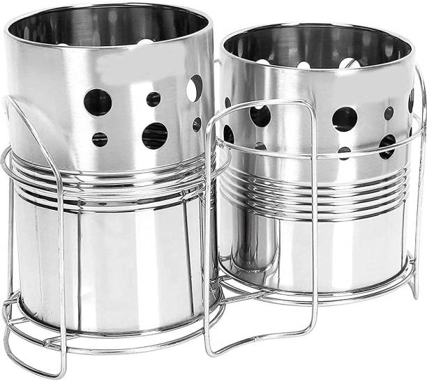 zero to infinity store Zero To Infinity Stainless Steel Spoon Holder & Stand Set of 2| Cutlery Holder with Stand Set of 2 (Multipurpose) Disposable Stainless Steel, Steel Cutlery Set