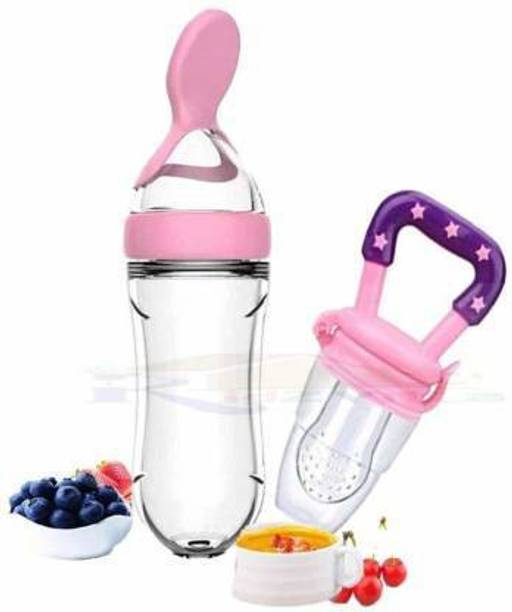 Lilz caress BPA Free Squeeze Style Bottle Feeder with Dispensing Spoon and Fruit Feeder and Pacifier - Fresh Food Feeder, Infant Teether Nibbler Toys, for Toddlers & Kid- Combo of 2 - 90 ml - VN07  - Silicone