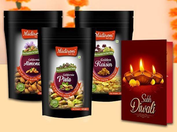 Midiron Dry Fruits, Diwali Gifts, Diwali Gift for Friends, Diwali Gift for Corporate, Diwali Dry Fruits Pack, Diwali Card, (Raisin, Pista, Almond, Greeting Card) Combo