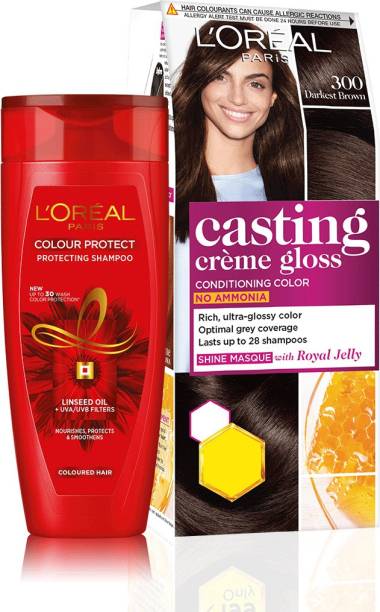 L'Oréal Paris Casting Cr�me Gloss Hair Color, 300 - Darkest Brown, 21 g + 24 ml + Colour Protect Shampoo, 82.5ml - Pack of 2 , Shade 300, Darkest Brown
