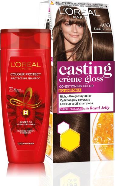 L'Oréal Paris Casting Cr�me Gloss Hair Color, 400 - Dark Brow, 21 g + 24 ml + Colour Protect Shampoo, 82.5ml - Pack of 2 , Shade 400, Dark Brown