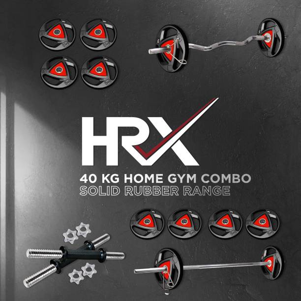 HRX 40 kg Professional Metal Integrated Ten Rubber Plates Set with 3 Ft Curl, 5 Ft Plain and One Pair Dumbbell Rods Home Gym Combo