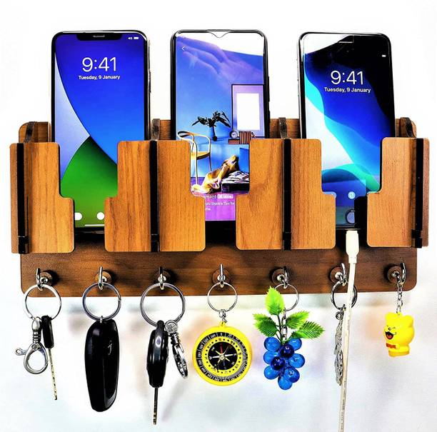 NewCrafts 3 Pocket Mobile Stand Holder for Wall |Furniture for Home Wood Key Holder