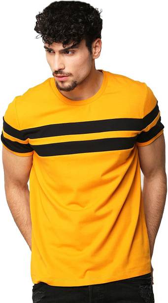 Men Striped Round Neck Cotton Blend Yellow T-Shirt