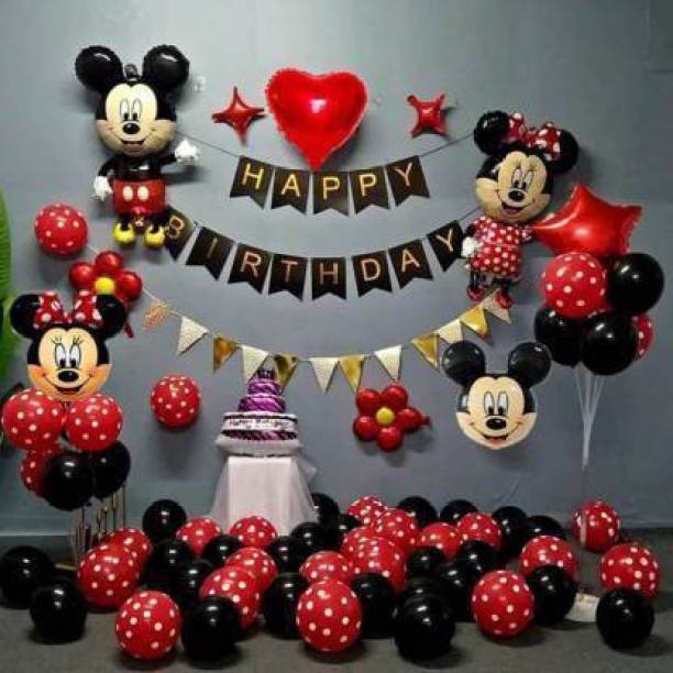 Fun and Flex Solid Mickey and Mini Mouse Theme Foil Balloon 25 Black 25 Red Balloons 1 Heart 1 Red Star Happy Birthday Black Banner for Birthday Party Baby Shower Decorations for Kids Balloon