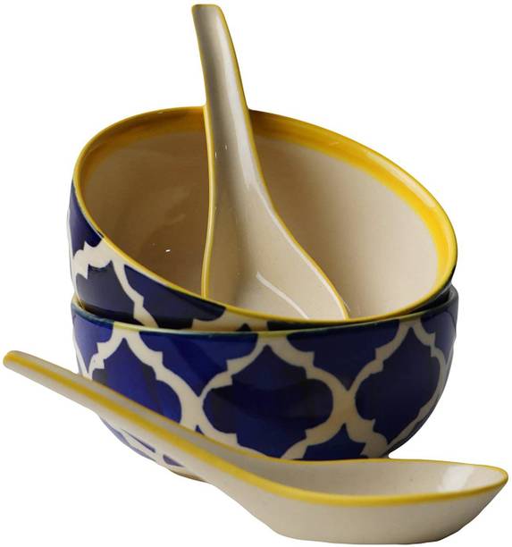 Dev Handicraft Ceramic Soup Bowl Ceramic Bowls with Spoons - 300ml, Set of 2, Blue