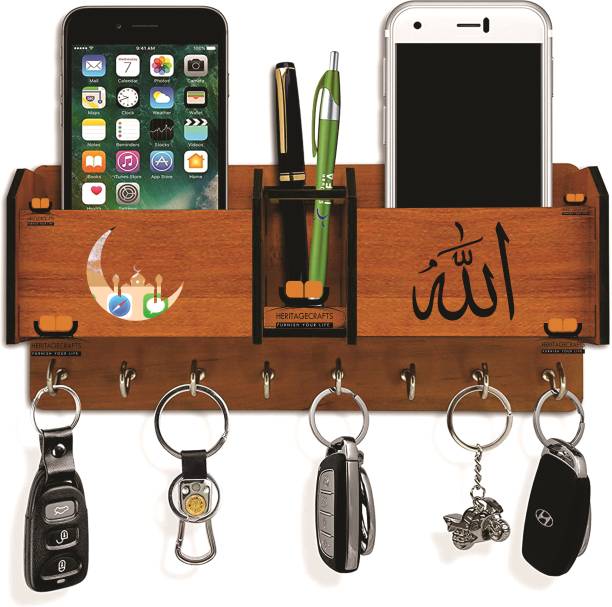 Heritagecrafts Special Designer Allah Wooden 2 Pocket Mobile and Pen holder 8 Hooks Wood Key Holder