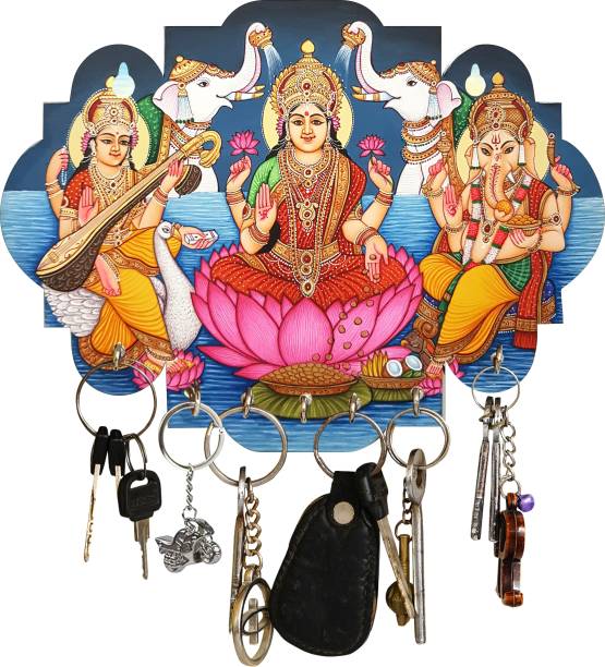 DivineCrafts Handpainted God Figure Laxmi Ganesha Saraswati Wood Key Holder