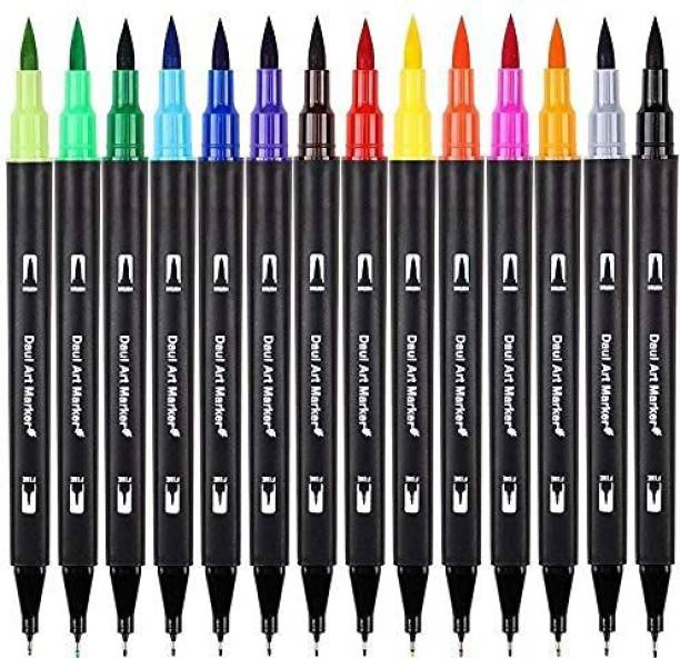 THR3E STROKES Art Markers Dual Tips Coloring Brush Fineliner Color Water Based Marker Pens Set for Calligraphy Drawing Sketching Bullet Journal (BLACK, 12)