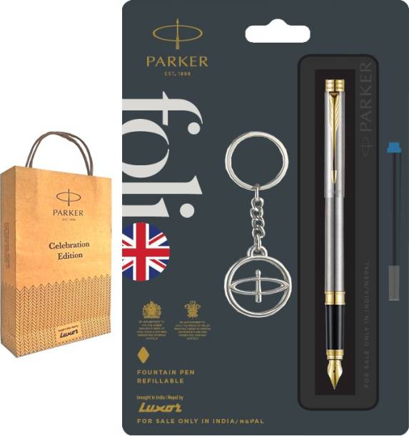 PARKER Folio Gold Trim Fountain Pen with key chain and Gift Bag Fountain Pen