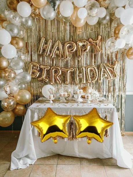 PARTY BREEZE Solid Golden and silver Happy Birthday Decoration Combo Kit with Banner, Balloons, Foil Curtain, 50pcs for Birthday Decoration Boys,Girl,Husband, Wife, Girl Friend, Adult. (gold 50pcs) Balloon