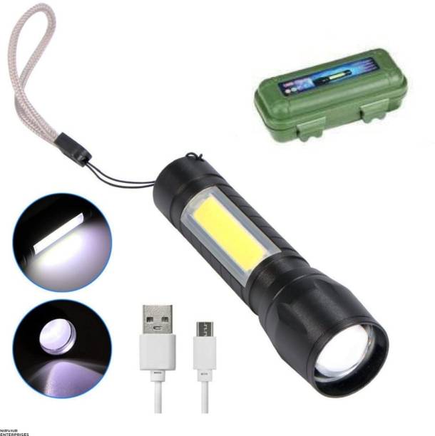 Nirvair High Power USB Rechargeable Long Range Led Torch Light Emergency Light+ Desk Light with 3 Adjustable Modes Zoom in Flashlight with Hanging Rope for Torch Keychain(Black) Pack of 1 3 hrs Torch Emergency Light