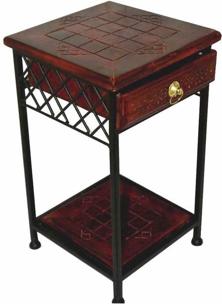 Smarts collection Wrought Iron Contemporary Bedside Table *Antique Look Corner Table with Drawer Storage & Shelf for Home & Office* *Glossy Brown Wooden Finish* *Drawer Storage for Keys & Notes* Metal Side Table