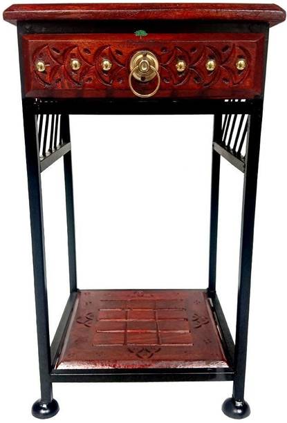 Smarts collection Wrought Iron Contemporary Bedside Table *Antique Look Corner Table with Drawer Storage & Shelf for Home & Office* *Glossy Red Wooden Finish* *Drawer Storage for Keys & Notes* Metal Side Table