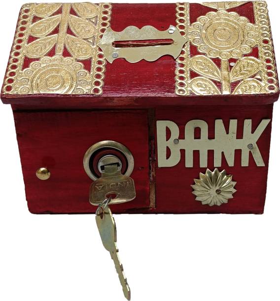LUNATIC CRAFTWORK Antique Wooden Money Bank Hut Shape Coin Bank | Piggy Bank for Kids & Adults with Lock | Money Saving Box Decorative Return Gifts for All Coin Bank (Red) Coin Bank