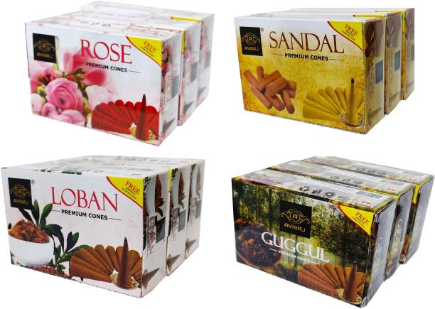 aviraj Multi Incense Dhoop Cones Combo Of Rose Sandal Loban Guggul - Pack Of 12 Sandal Dhoop