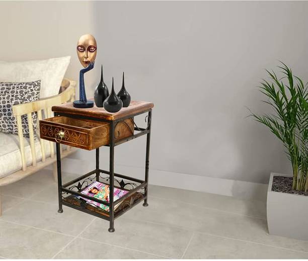 Smarts collection Wood and Iron Stool with Drawer for Living Room and Bed Room/Bar Stool/Wooden Stool/Coffee Table/End Table/Corner Stool Solid Wood Side Table