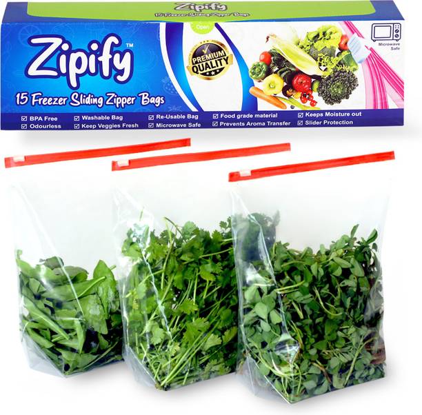 Zipify 15 Pcs Ziplock Pouch Vegetable Bag, Zip Lock Plastic Bags for Fridge Food Cover, Reusable Zip Lock Bag to Store Vegetables in Fridge - Zipper Pouches(Medium 10" X 10") Plastic Storage Pouch