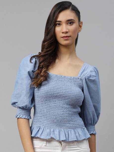 Roadster Casual Puff Sleeves Self Design Women Blue Top