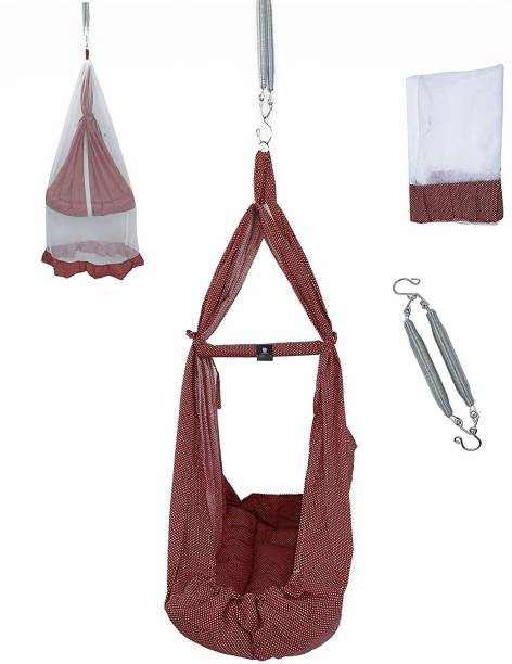 U2CUTE Baby Crib Cradles, Baby Jhula, Baby Hanging Swing Cradle with Mosquito net and Spring,Head Protection and 5inch Extra Support For Baby Growing,Wholesale Price,(SARI JHULA) RED