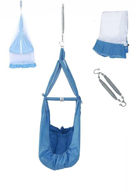 U2CUTE Baby Crib Cradles, Baby Jhula, Baby Hanging Swing Cradle with Mosquito net and Spring,Head Protection and 5inch Extra Support For Baby Growing,Wholesale Price,(SARI JHULA) BLUE