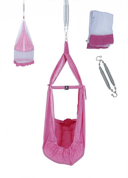 U2CUTE Baby Crib Cradles, Baby Jhula, Baby Hanging Swing Cradle with Mosquito net and Spring,Head Protection and 5inch Extra Support For Baby Growing,Wholesale Price,(SARI JHULA) PINK