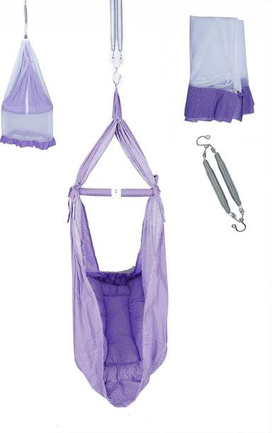 U2CUTE Baby Crib Cradles, Baby Jhula, Baby Hanging Swing Cradle with Mosquito net and Spring,Head Protection and 5inch Extra Support For Baby Growing,Wholesale Price,(SARI JHULA) Purple