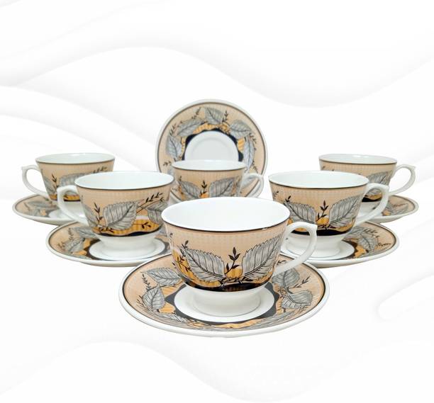 UPC UPC Pack of 6 Bone China Ceramics Cup Saucer Set - Modern Prints - Pack of 6 Tea Cups And Saucers (White) सिरेमिक