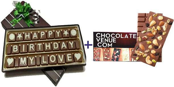 FabBites Chocolate Venue Happy Birthday My Love Chocolate Message with a Delectable Fruit and Nut Chocolate Bar Combo