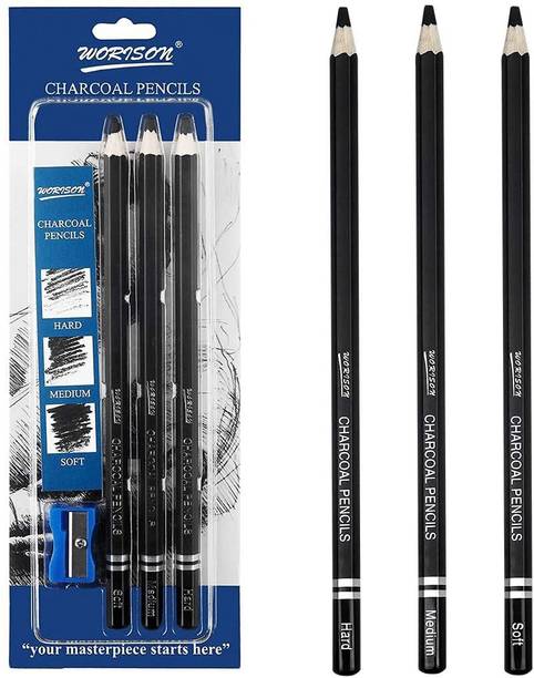 WORISON Charcoal Pencils Set 3pcs Soft Medium and Hard Pencils with Sharpener Included Pencil