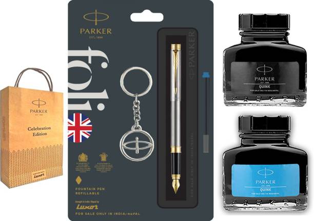 PARKER Folio Gold Trim Fountain Pen with Blue & Black Quink Ink Bottle,Key Chain and Gift Bag Fountain Pen