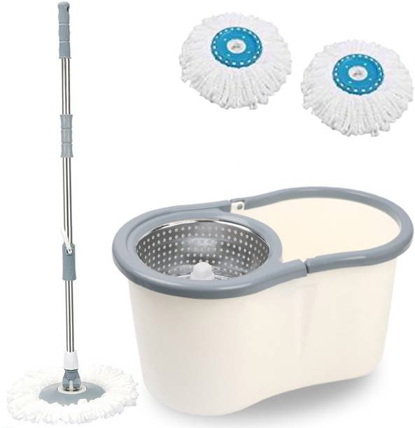 व-मोप Premium White Steel Dry Magic Spin Bucket Mop Set With 2 Refills (( 6 Months Warranty on Rod )) Cleaning Wipe, Cleaning Cloth, Mop Refill, Broom, Toilet Brush, Duster, Cleaning Brush, Glove, Kitchen Wiper, Floor Wiper, Scrub Pad वैट और ड्राई मोप