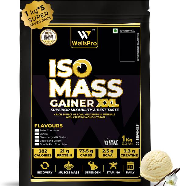 WellsPro ISO MASS Gainer XXL Protein Powder 5kg [166 Servings] with BCAA Glutamine Creatine Weight Gainers/Mass Gainers
