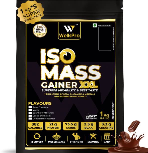 WellsPro ISO MASS Gainer XXL Protein Powder 5kg [166 Servings] with BCAA Glutamine Creatine Weight Gainers/Mass Gainers